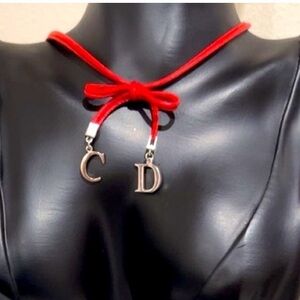 Christian Dior Red Leather and Silver CD Charm Chocker